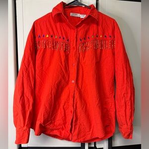 Vintage Britches Beaded Fringe Western Shirt Red Southwest Boho Button Down M